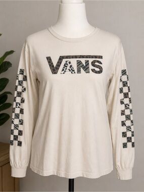 Vans Long Sleeve Graphic Tee XL Cream Animal Print Checkerboard Logo Shirt